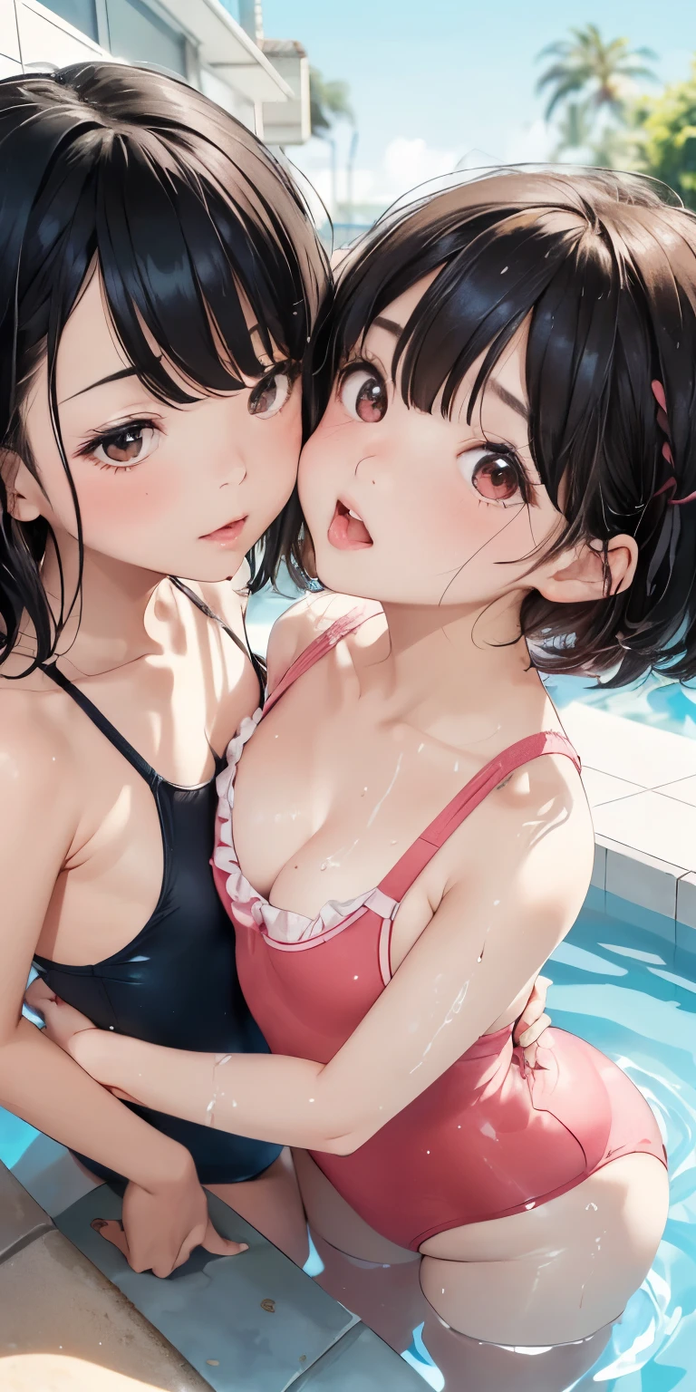 A girl wear bikini at swimming pool another girl hug her behind 