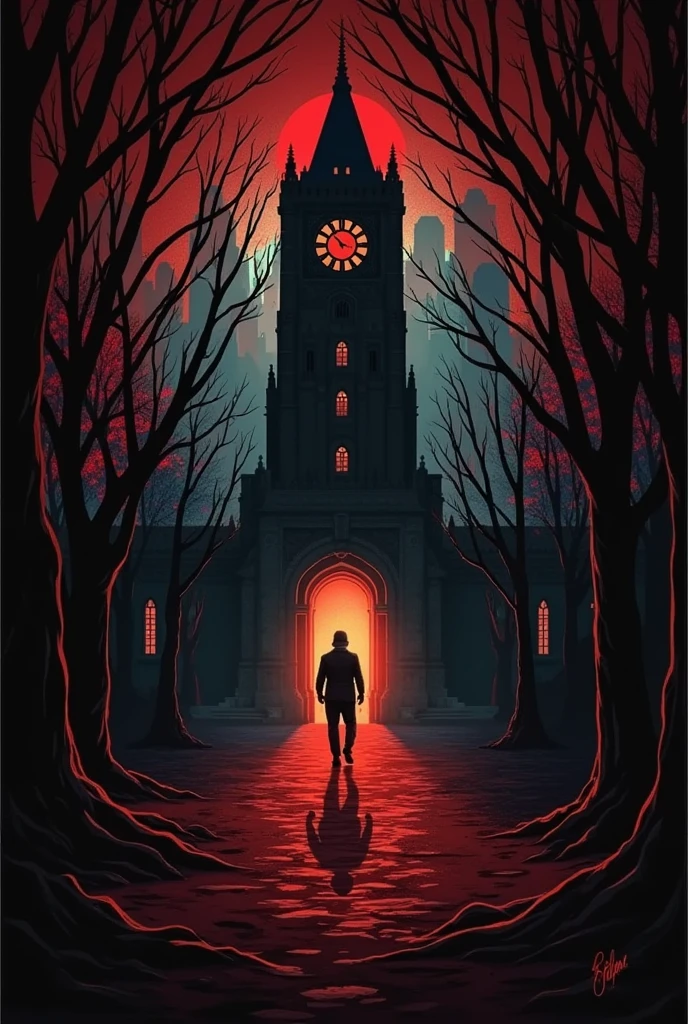 me crie um spine card do game clock tower no horror story