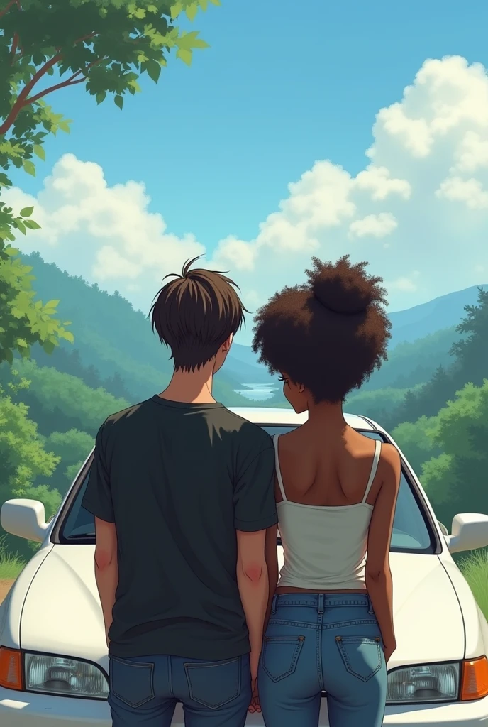 Couple leaning against a white 1995 Honda Civic coupe, envisioning a beautiful landscape. The husband is white, has 1.73 tall and weighs 63kg. He has straight, dark brown hair., light brown eyes and black loose shirt. The woman is black, has 1.59 tall and weighs 46kg. Ela tem black power. Japanese anime style photo. The woman is black!!! black woman with curly hair