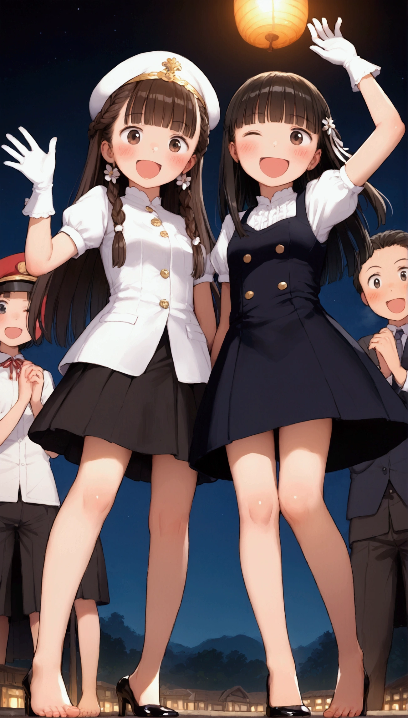 {Highest quality}, {Super beautiful},{Ultra fine},{Best illustration},Brown Hair,Hime cut,long hair,Braid,One woman,Standing Woman,Strike a pose,Adult women,smile,Excited face,Wink,Uniform cap,White Shirt,Short sleeve,long black skirt,White gloves,Night Festival,Blushing,Slender,Black heels,barefoot,From an angle,From below,Woman with closed legs,Waving with both hands