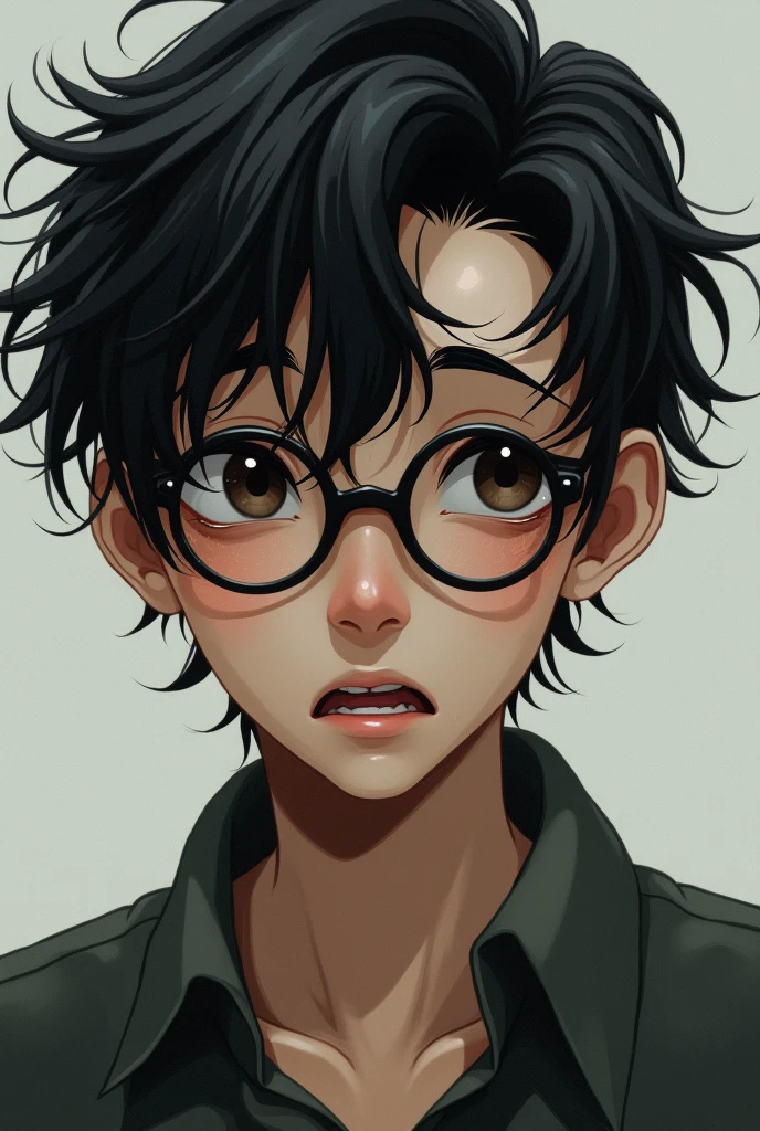 real person, with messy hair, with glasses, slanted eyes, sorry man