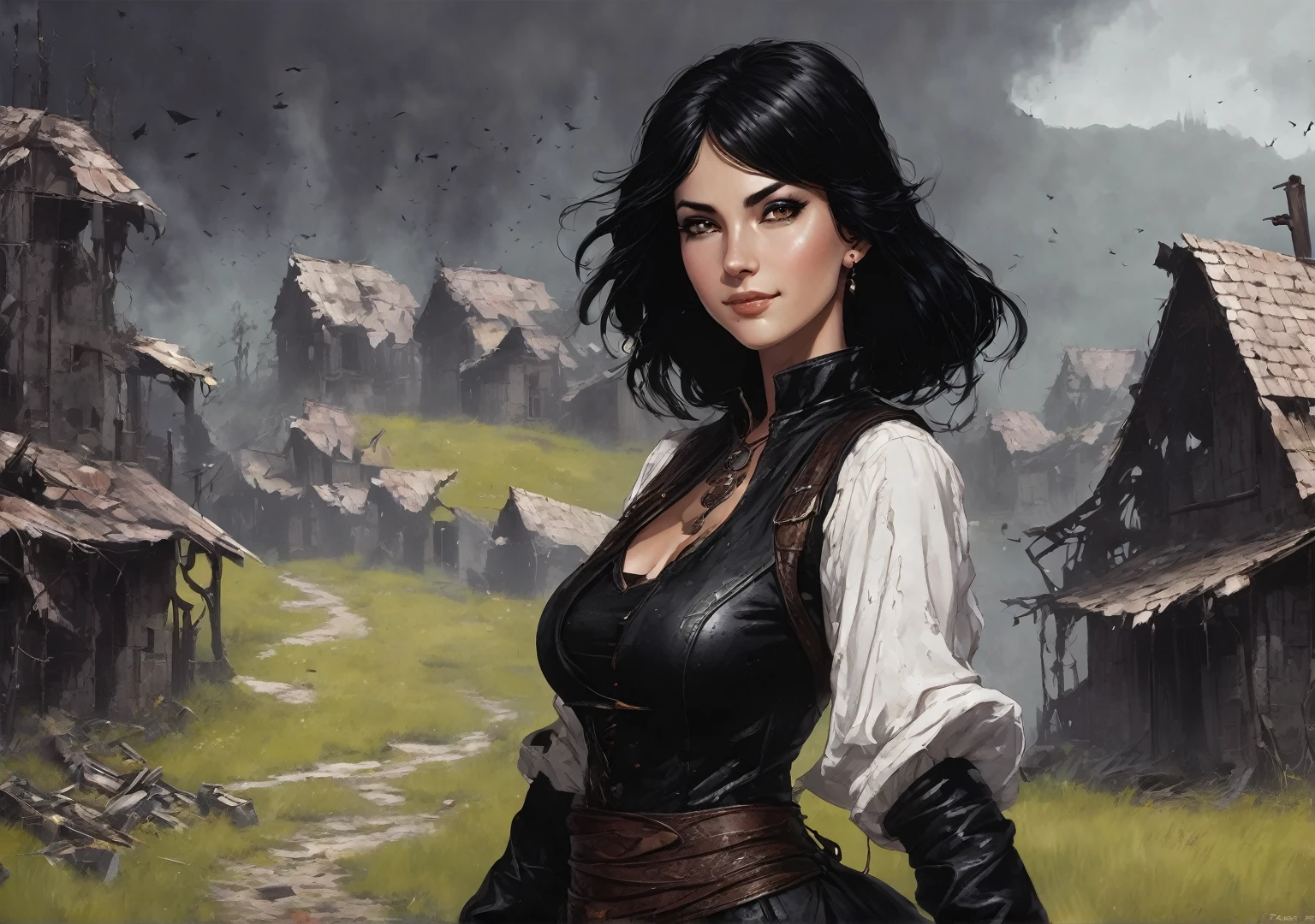 a detailed image of Vengerberg's character Yennefer, played by actress Anya Chalotra, with a piercing and intense gaze. Her black hair in the wind, dancing with the magical energy that surrounds her. Wearing Yennefer's iconic and original outfit, every detail is meticulously depicted. The image depicts Yennefer full-length in a background of a medieval city fleeing in flames, symbolizing the chaos and destruction that surrounds her --auto --s2