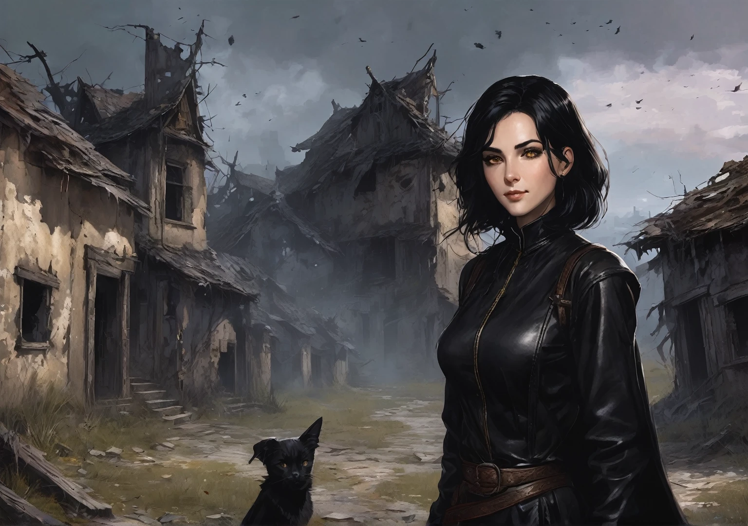 a one woman, caucasiano, Almond-colored eyes, arched eyebrow, oval face, smiling, Bblack hair, Witch of the Black Mist, profile view, black detailed leather clothing, dark energy around, background of an abandoned and destroyed village