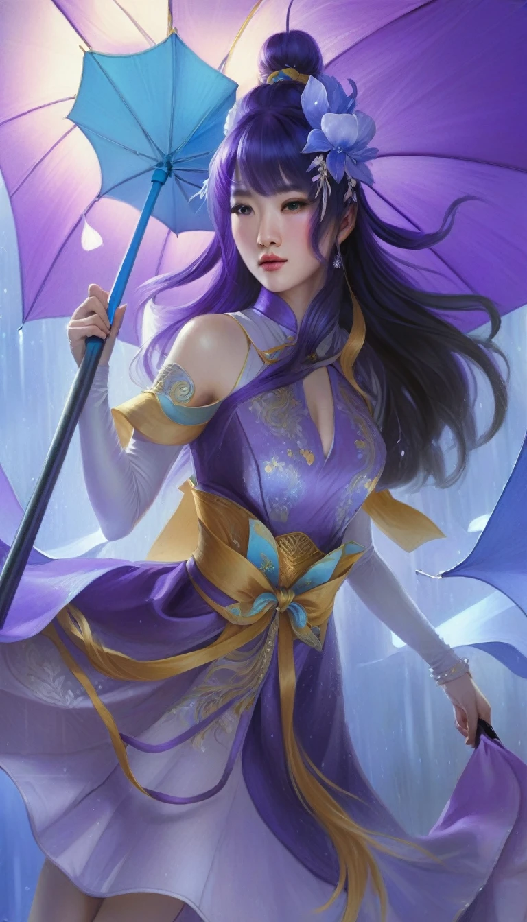 a woman in a purple dress holding a blue umbrella, extremely detailed artgerm, style of artgerm, artgerm detailed, artgerm lau, by Yang J, in style of artgerm, full body xianxia, portrait knights of zodiac girl, heise jinyao, ! dream artgerm, yun ling 4k utra realistic