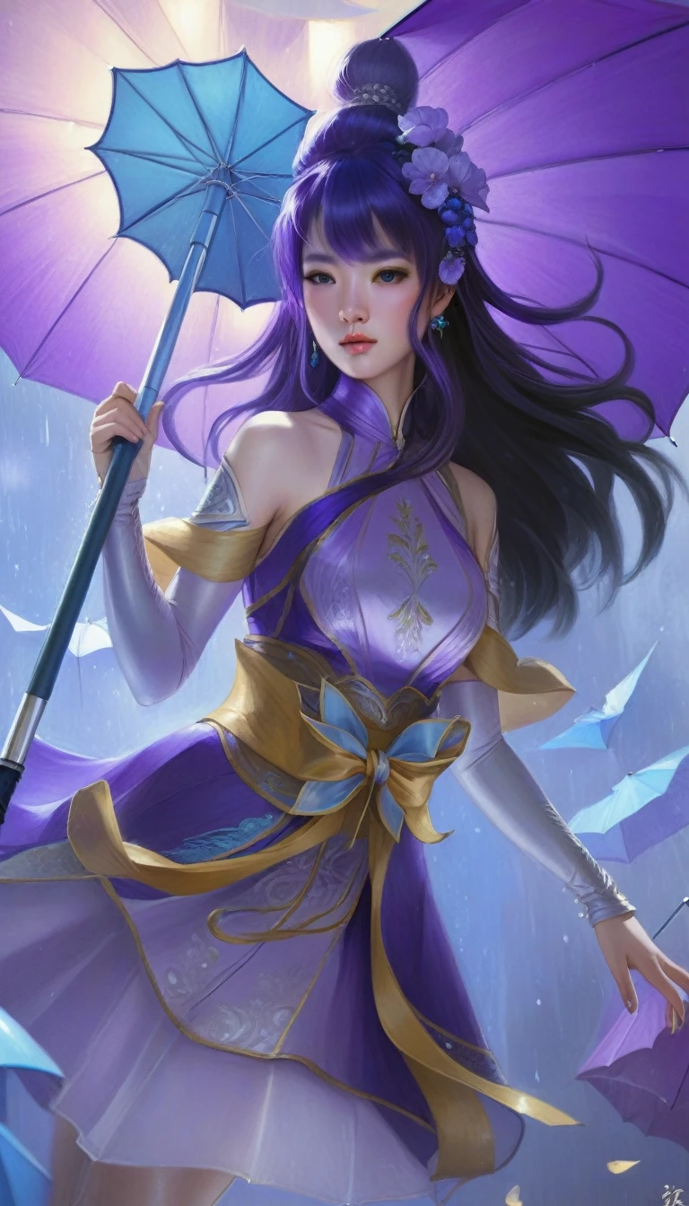 a woman in a purple dress holding a blue umbrella, extremely detailed artgerm, style of artgerm, artgerm detailed, artgerm lau, by Yang J, in style of artgerm, full body xianxia, portrait knights of zodiac girl, heise jinyao, ! dream artgerm, yun ling 4k utra realistic