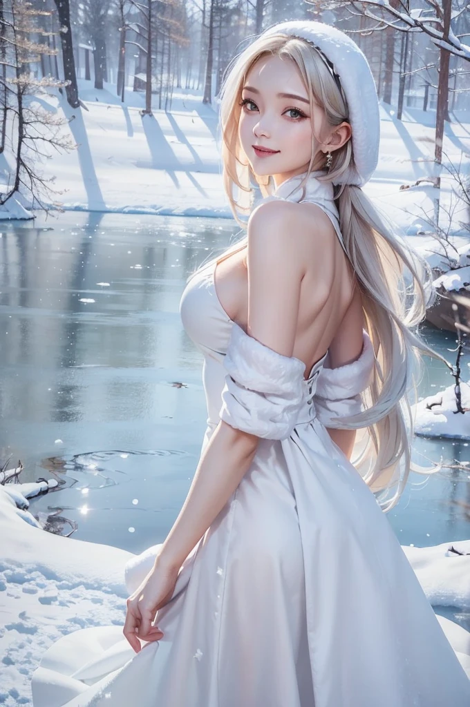 (the upper body:1.5).masterpiece、Highest quality、1 girl, winter, platinum blonde hair, Cute girl, smile, close mouse, medium breasts, sideboob:1.2, white dress, winter clothes, long skirt, Fur coat、Small waist、Thin legs、outdoors, front of the lake, snow falling, Prayer Pose, join hands, from backside:1.5, look back:1.6, face, style
