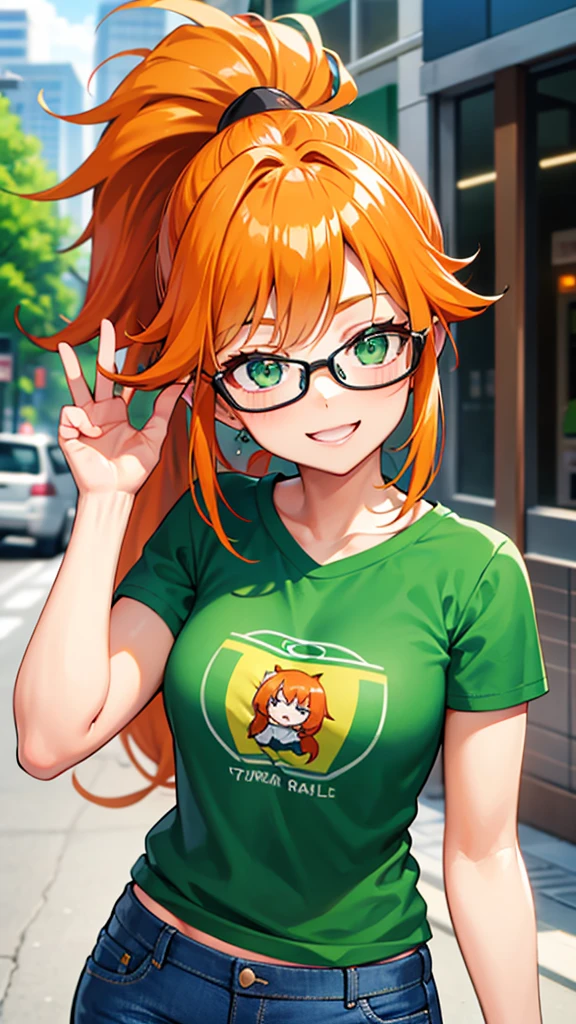 Girl, ponytail hair, orange hair, green eyes, cute girl, glasses, smile, green t-shirt, short denim, city 