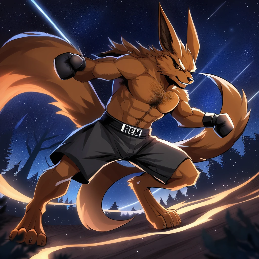 anime style, an adult Man dark brown Kurama boxing, eyes with pupils, dark brown fur, animal ears, black nose, detailed body hair, detailed face, detailed eyes, full body, furry long tail, detailed tail,, humanoid body, showing gloves, fighter, three-toed feet, night sky, forest,