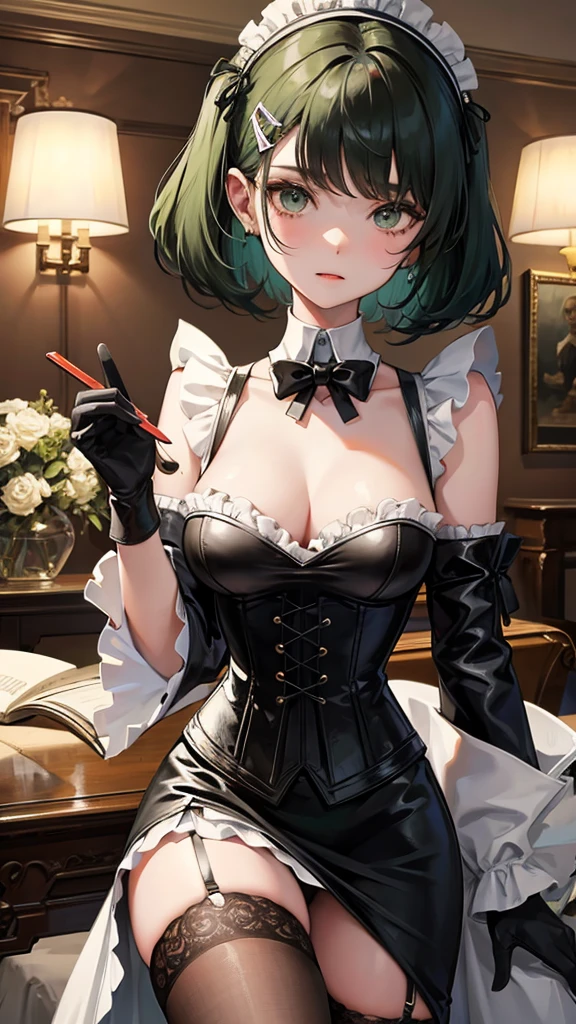 1 girl, anime, high quality, intricate details, black hair, fluffy hair, short hair, elegant, futuristic setting, maid dress, stockings, green streaks in hair, steampunk accessories, stoic expression, lacy umbrella, curvy build, lacy gloves, confident pose, corset, mansion, maid, indoors, hairclips, light green eyes, black hair