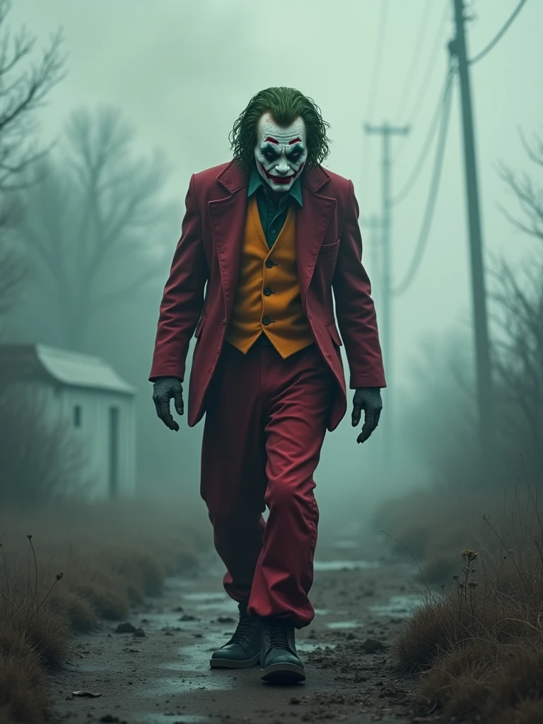 joker sad walking, sad theme, background smoke, real joker realistic,clothes read court pant joker