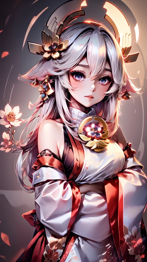 pretty girl　Japanese style　Golden kimono　Bob Hair　Silver Hair　Gorgeous large flower hair ornament　Golden halo　Big eyes　
Gaze, Angel Halo, The background is glowing
