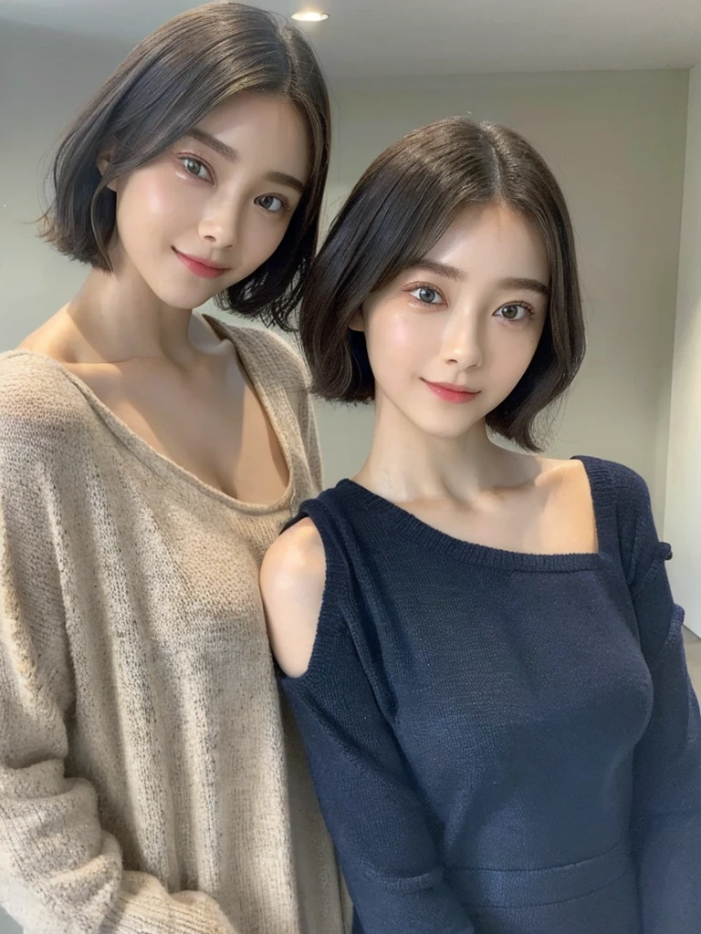 (masterpiece:1.3), (8k, Photoreal, Raw photo, best image quality: 1.4), Japanese high school girl、(random hairstyle:1.2)、cleavage:1.5、super detail face、eye for details、double eyelid、chest to chest、sharp focus:1.2、Beautiful woman:1.4、light brown hair、highest quality、masterpiece、超A high resolution、(Photoreal:1.4)、Highly detailed and professionally lit smiles、loose and light knitwear、shoulder out、thin、serious expression、short haired、deadly position
similar identical twins
All the girls have the exact same face, The two have the same face and figure, as if they were mirror images.