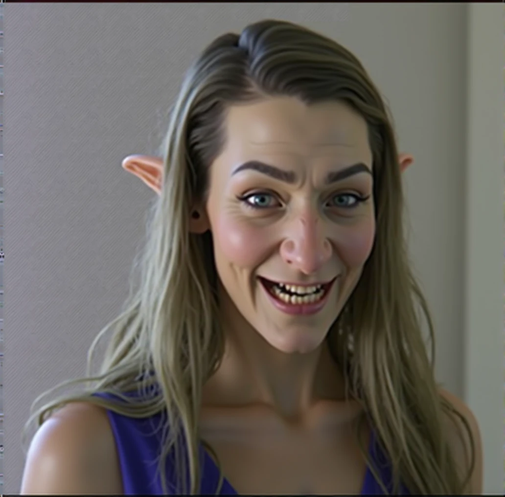 a detailed evil goblin with a big nose, long pointy goblin ears,, big forehead, long hair, raised eyebrows, perfect teeth, wearing a blue dress, evil laugh, cinematic lighting, hyper realistic, 8k hd resolution, highly detailed, photorealistic, masterpiece, hair tucked behind long pointy ears, very detailed goblin ears, green skin tone