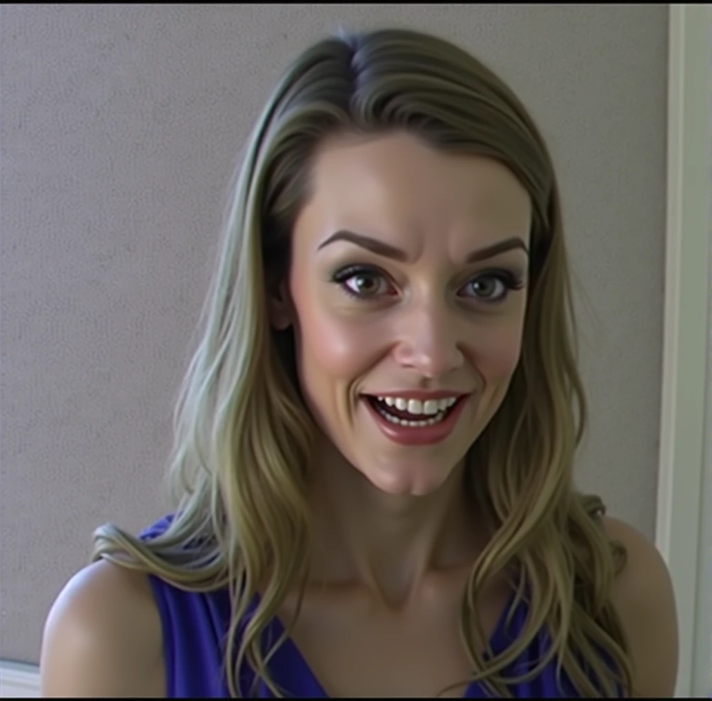 a detailed evil goblin with a big nose, long pointy goblin ears,, big forehead, long hair, raised eyebrows, perfect teeth, wearing a blue dress, evil laugh, cinematic lighting, hyper realistic, 8k hd resolution, highly detailed, photorealistic, masterpiece, hair tucked behind long pointy ears, very detailed goblin ears, green skin tone