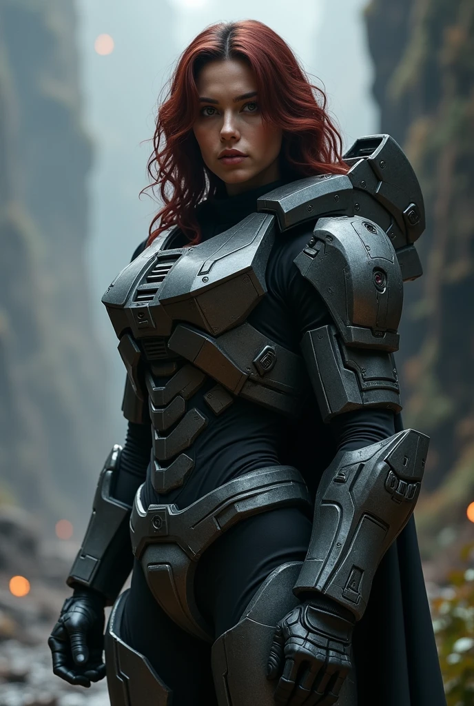 A halo soldier, full body, without helmet, with wavy wine-colored hair, of brown tea