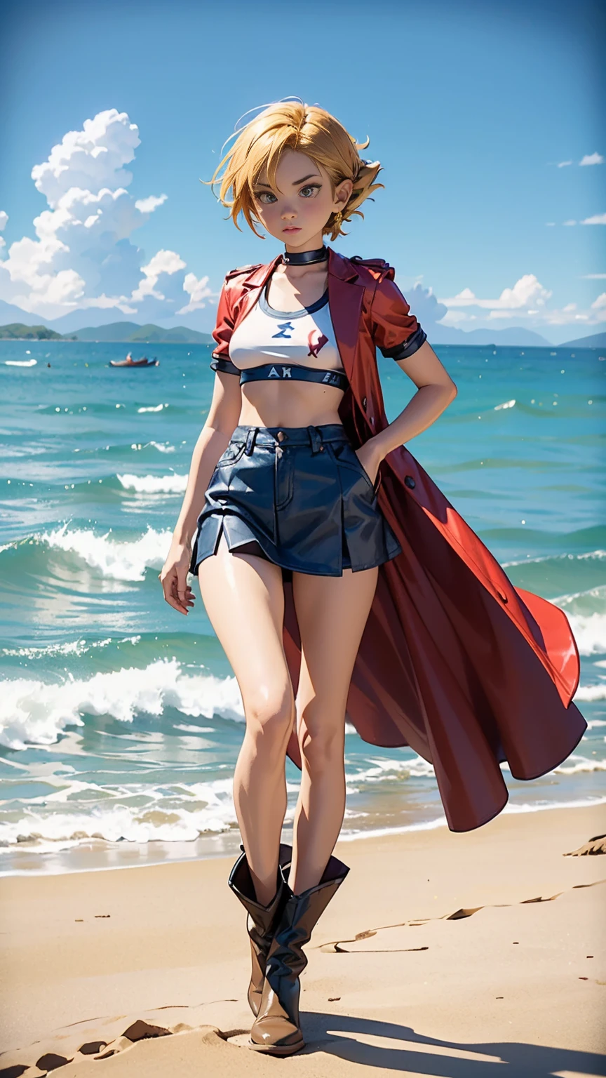 (Whole body view), (character of キッド from Chrono Cross:1.4), (chrono cross Kid:1.4), small anime woman, yellow hair in back-length braid, big sapphire blue eyes, wearing tight red micro skirt with high front slit (red:1.3), high cropped red jacket with short sleeves (red:1.3), 3/4 cropped short-sleeved jacket, wearing skin-tight white sports bra under jacket, (tight white sports bra), very slender frame, medium bust, pale white skin, white paint lines on both cheekbones, white paint lines on both elbows, pair of white claw marks on both inner thighs, loose brown leather ankle boots, fierce expression, 1/4 walking pose, on a white sand beach with ocean spray shooting up behind her