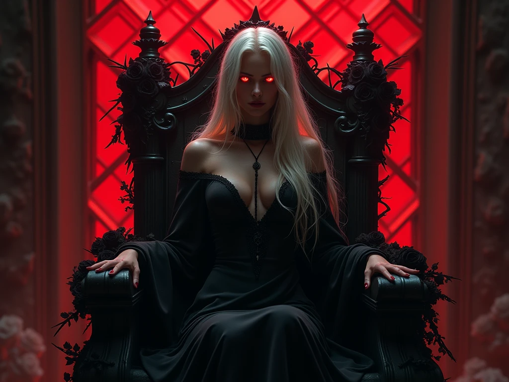 RAW Photos, 1366 x 768, black light, hair blonde, blonder woman, dark surroundings, Dark masterpiece, mulher fair brown-skinned, SITTING ON A THRONE, throne with thorns, black roses, woman in black dress, posing photo, long hair, hair blonde, black witchcraft, red geometric shiny background, full body size, Eastern fantasy theme, Eyes red, underworld, cold stare, Dark clothes, long and tight, fair brown-skinned, color classification, dark illustration, extreme quality, Radiant, extremely detaild, Face ultra detailed, ultra hd 8k, ultradigitality, mythical, black lightning, Conceital Art Portrait of Greg Rutkowski, artgerm, hyperdetailed, intricately detailed Gothic art, dark gothic fantasy style, triadic colors, Fantastic, intricate-detail, opening screen, colors complementary, fantasy concept art, 8K resolution, masterpiece of gothic deviantart, Heavy strokes, soft lighting, Surrealism
