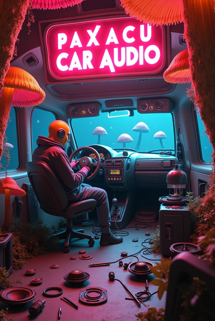 Audio and sound installation workshop for cars. There is an alien installing a stereo in a UFO ship which has large speakers that play music and all over the place there are large and small mushrooms of different colors.,There are tools lying on the floor,drills,drawer speakers,speakers of all sizes ,weed leaves and there is a big sign that says in neon letters PAXACU CAR AUDIO
