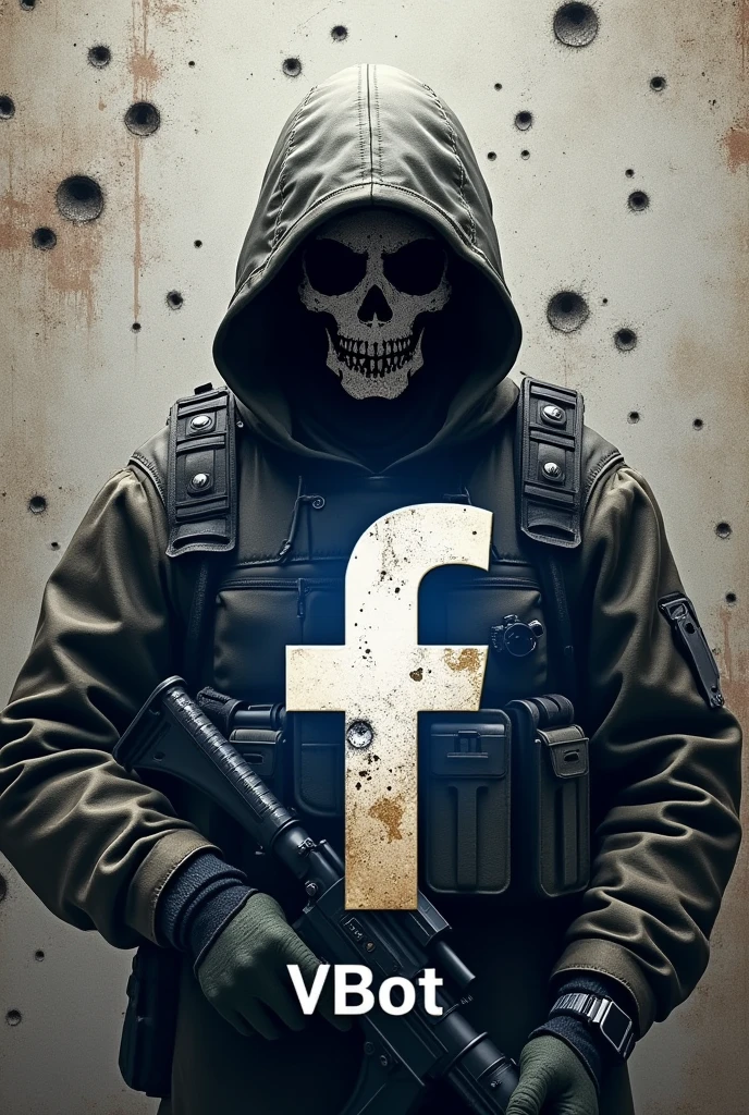 Create a Facebook logo with military style letters , and a Call of Duty Mobile Ghost in the center with some letters below that say, Ðﮒ丨Bot With a background that looks like shots on a wall and that is realistic style with animation a combination