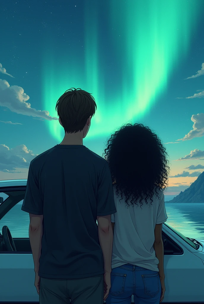 Couple leaning against a white 1995 Honda Civic coupe, envisioning a beautiful landscape. The husband is white, has 1.73 tall and weighs 63kg. He has straight, dark brown hair., light brown eyes and black loose shirt. The woman is black, has 1.59 tall and weighs 46kg. Ela tem black power. Japanese anime style photo. The woman is black!!! BLACK WOMAN WITH CURLY HAIR AND AURORA NORTHERN LIGHTS