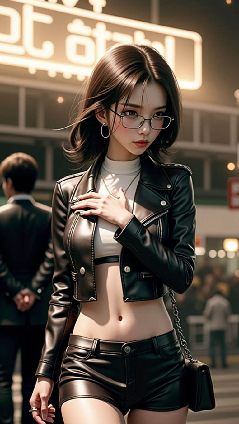 best quality, high quality, ultra quality, 8k, masterpiece, detailed, extremely detailed, insanely detailed, ultra detailed, ultra highres ,exquisite,
lifelike Images,cinematic experience,UHD picture,Realistic,photorealistic,hyperrealistic,vivid,RAW photo,shot by DSLR, One girl, (black leather jacket:1.3), white tank top, black leather pants, cyberpunk city,Long straight black hair,Glaring at me,Midnight,Left hand in pocket,Smoking a cigarette