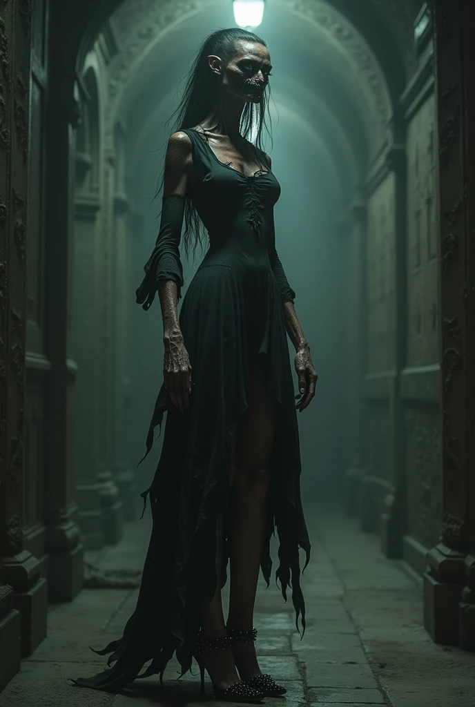 A woman like slender man, but she has a face which is menacing with devilish eyes, long face with mouth filled with sharp but short teeth much like a saw, her legs are long and she wears spiky heels, she clothes like a Victorian period lady, but her clothes are tattered and torn in places. 