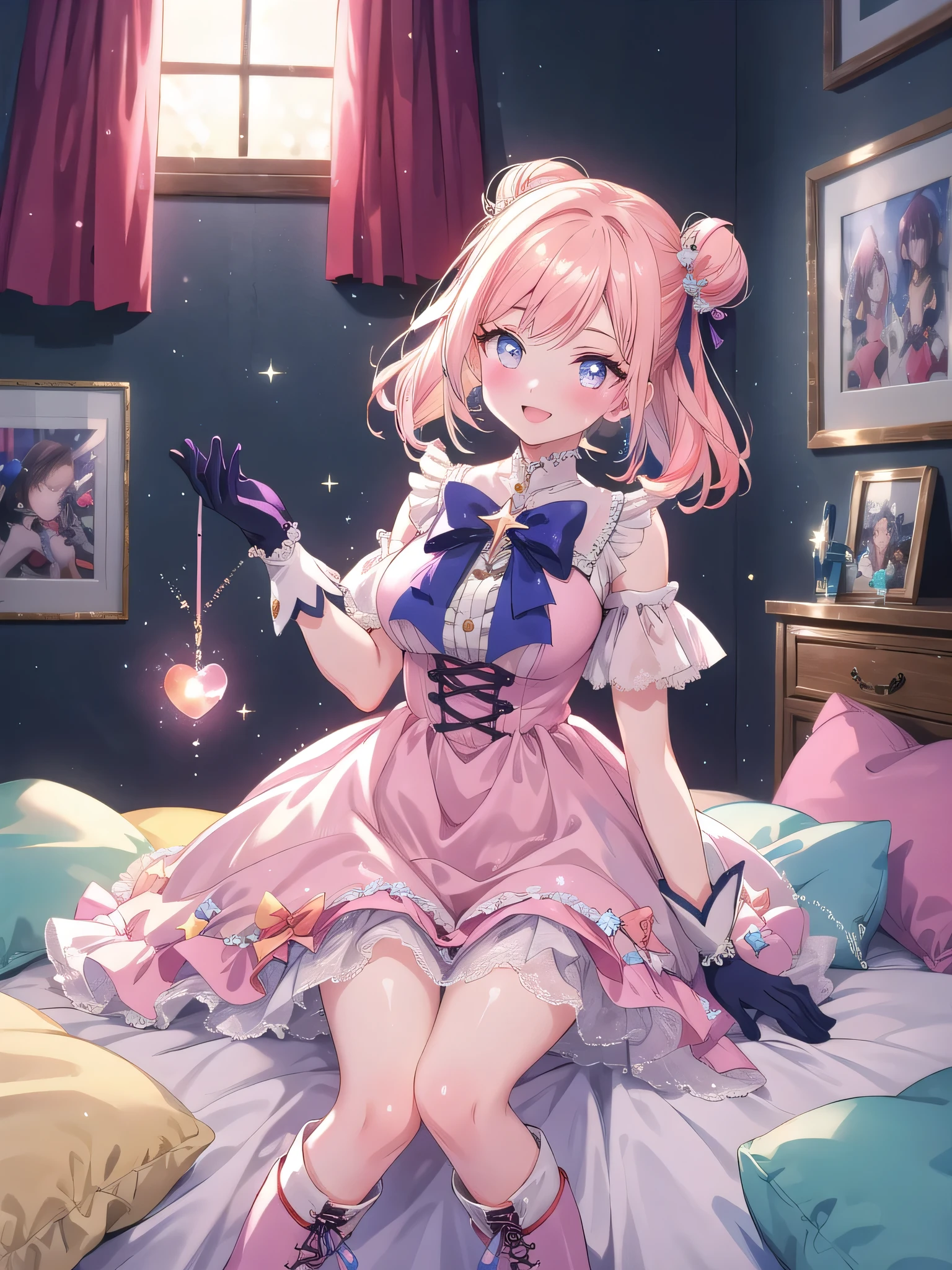 ((8k, Highest quality, masterpiece: 1.3)),Ultra-high resolution,(1 girl, alone), (Color changing eyes, Ultra-detailed, Expressive brilliance, Glitter, Glowing Eyes), Highly detailed eyes, Highly detailed face, Random Hair, ((pastel colour)),A joyful young woman with pastel peach-colored hair styled into twin buns, sitting on her bed surrounded by soft pillows and stuffed animals. The room is warmly lit by the morning sun streaming through sheer curtains, creating a cozy and inviting atmosphere. She is dressed in a magical girl cosplay, wearing a frilly pastel pink dress with a large bow on the back, matching gloves, and knee-high boots. The camera captures her from the front as she playfully poses with a star-tipped wand, her eyes sparkling with excitement. Around her, there are various anime figures and posters on the walls, emphasizing her love for the genre,(nsfw:1.1)