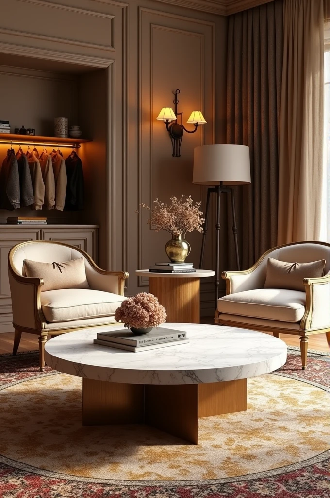 Professional 3d architecture rendering design of modern and gold French design for living room with elegant wooden and white marble slab stone middle table with elegant French chairs and silk Persian carpet and elegant curtains and clothes wall and showing complete and elegant sofa and chairs and elegant clothes wall