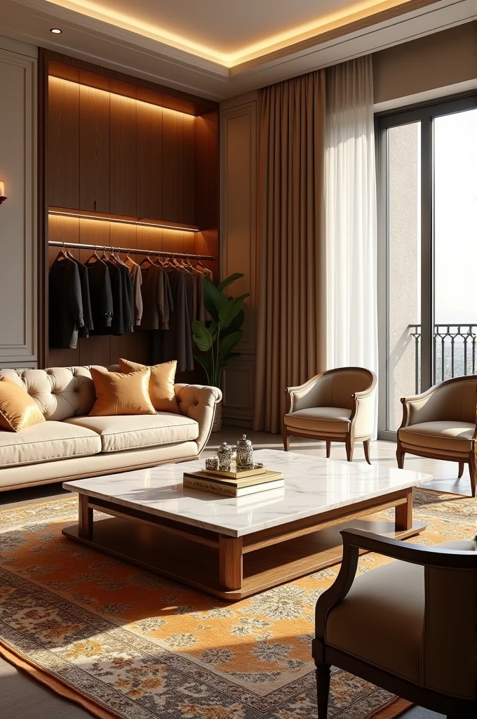 Professional 3d architecture rendering design of modern and  gold French design for living room  with elegant wooden and white marble slab stone middle table with elegant French chairs and silk Persian carpet and elegant curtains and clothes wall and showing complete and elegant sofa and chairs and elegant clothes wall