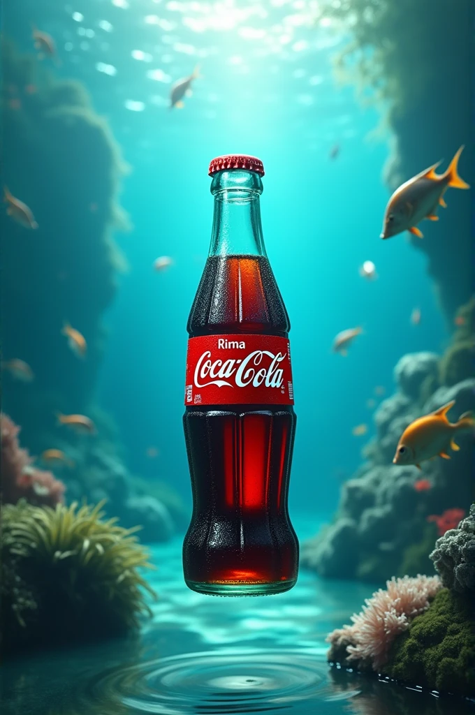 Create a Coca-Cola with the name Rina on the bottle in the sea.