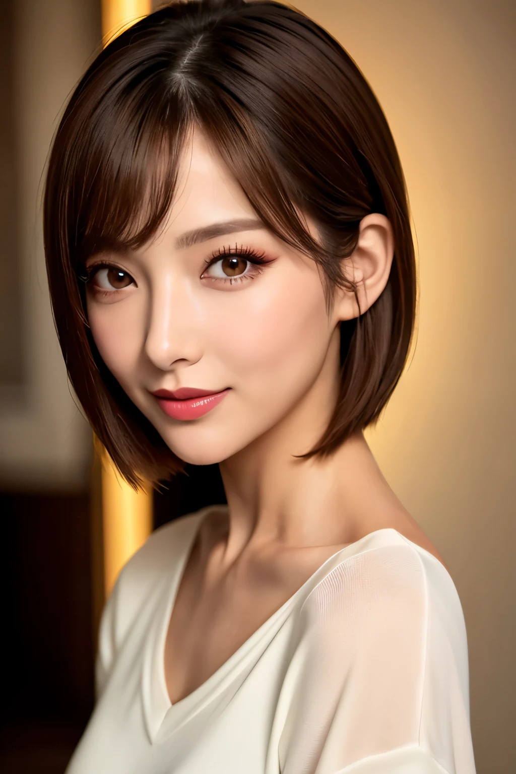 Highest quality, Tabletop, 8k, Best image quality, One Girl, Perfect V-neck see-through knit sweater, Waist to upper body shot, (look forward to), Red eyeshadow, Perfect Makeup, Long eyelashes, Ultra HD Shining Eyes, Ultra HD Hair, Ultra High Resolution Glossy Lips, Ultra HD cute face, Brown Hair, Very short straight hair, Look at me and smile, clavicle, Accurate anatomy, Face close-up, Luxury Love Hotel, The most atmospheric and warm lighting, Blurred Background