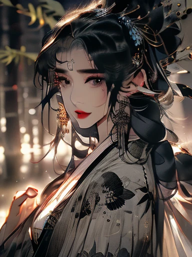 A Chinese black and white ink painting of a mysterious (1girl) sorceress emerges from the depths of the shadows wearing an elaborate ((low-cut robe)) woven with intricate arcane symbols. Dim moonlight and stars glitter overhead. Her eyes shine with mystery and the depth reflecting a millenia of knowledge, clavicle、earrings、necklace、dark black hair、silver grey delicate eyes, double eyelid, necklace、20generation、all black hair flowing and blending into the surrounding darkness、elf ears、serious expression