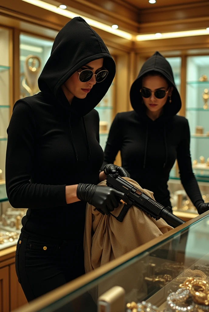 scarlett johansson et natalie portman    qui porte une cagoule avec des trou et qui porte des gants en cuir et qui fait un braquage dans une bijouterie avec un sac et un pistolet et quei vide la  vitiride 