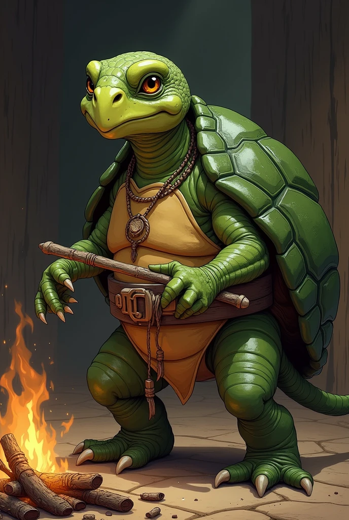 Oren is a bipedal turtle about 6 feet tall. Her dark green shell is adorned with intricate, slightly shiny patterns, reflecting a polished and dignified appearance. Her head is large and rounded, with deep-set, golden eyes that convey wisdom. Her beak is sturdy and curved.
Oren's legs are strong and muscular, with sharp, well-groomed claws. Her skin is olive green or dark brown, ranging from rough to smooth. She wears an earthy robe with subtle embroidery and may wear a necklace or amulets of special significance. Her posture is upright and dignified, as she stirs the fire with a twig
(light novel cover style drawing), detailed HD image. The background is a wooden kitchen with burning logs. monochrome (anime) (manga)