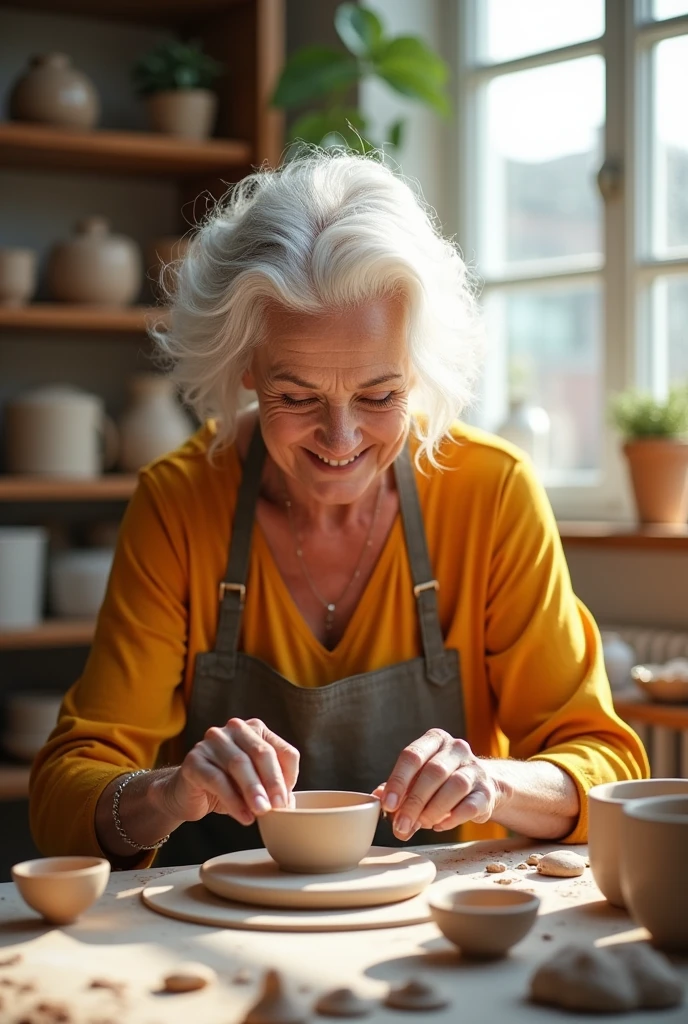 A young and modern granny taking a pottery workshop 