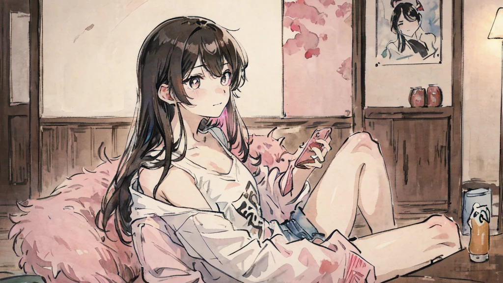 watercolor:1.2), watercolor, One Girl, alone, Long Hair, Black Hair, 現代風の部屋にaloneいる, profile, A beer can on the table、Painting \(Moderate\), White T-shirt,Shorts, From the side, profile、Sitting on the sofa and looking at the smartphone screen, Cowboy Shot, Brown eyes, bangs, chest, Pink Nails、relax、Eyes on the smartphone、seems to be happy、