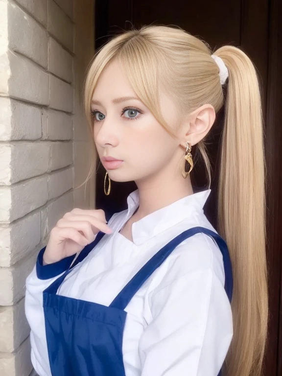 portlate、Oversized white shirt
、Blue sky、Bright and very beautiful face、Young shiny shiny white shiny skin、Best Looks、The most beautiful bright blonde hair in the world、finer hair、Super long silky straight hair、Beautiful bangs that shine、Glowing crystal clear big blond eyes、Very beautiful lovely most beautiful girl in the world、White Apron、Blue Dress、large full breasts、Big earrings、Breast enlargement、high-ponytail、Bun twin tail
