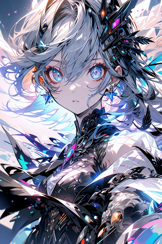 (absurdres, highres, ultra detailed, HDR) master piece, best quality, perfect face, Arlecchino, white hair, expressive dark blue eyes, red x in the eyes, genshin impact, solo, woman, beautiful, pretty, white clothes, glass pink flowers, glass pink petals, glass pink butterflies, glass garden, glass blossoms, everything made with glass