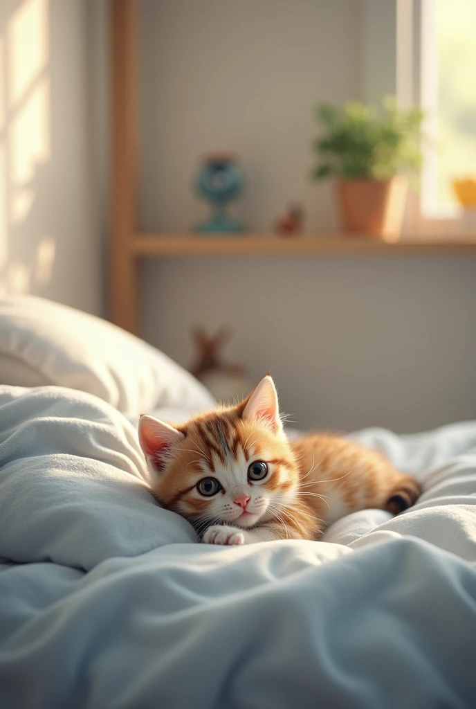 Kitten on top of the bed in his bed
