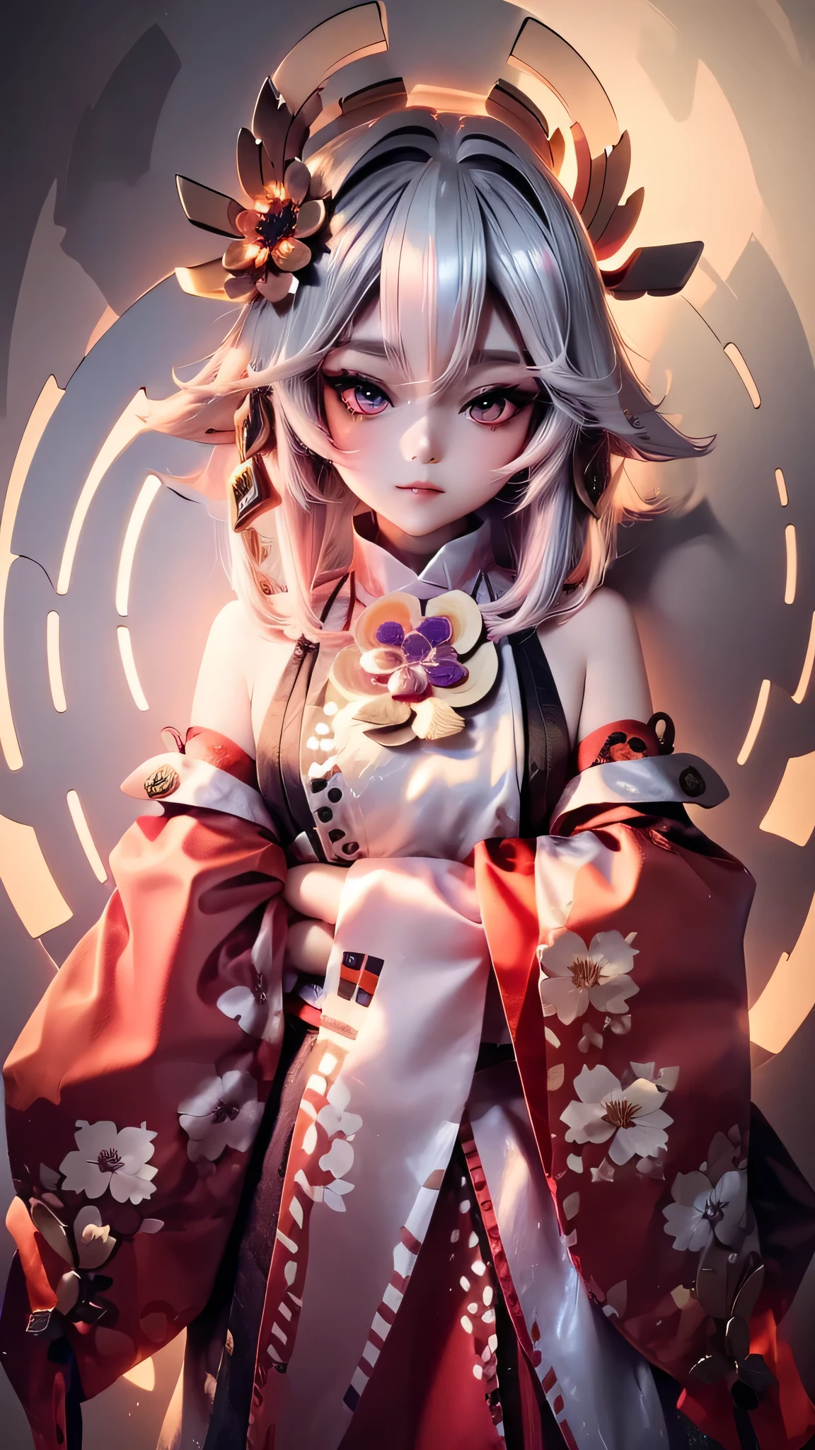 pretty girl Japanese style Golden kimono Bob Hair Silver Hair Gorgeous large flower hair ornament Golden halo Big eyes
Gaze, Angel Halo, The background is glowing