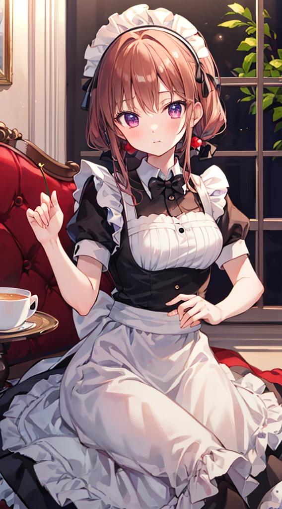 Highest quality, Cornelian Cherry、Maid&#39;s Headdress、Pink wavy hair、Heart-shaped pupils、orgasm、Big Breasts、Lace gloves、Lace knee socks