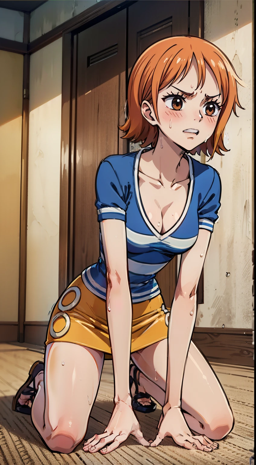 {{小さい顔:1.6}},{{all fours:1.8}},{{On all fours}},crawling,Dynamic composition,dutch angle,{{from below}}, full body,furrow one's brow ,{{one eye closed}},{{}},Sweat,abdominal pain,,{{Blushing}},{{v-shaped eyebrows}},,{{Animated images of theatrical animation quality}},small face (of a woman),{{{masterpiece}}, {{{Highest quality}}},{{Very detailed}},{{1girl,30years old,{Mature Woman}},{{tall}},{{Adult female}},sharp look,{{}},{{nami (one piece),short hair, orange hair, brown eyes, cleavage, striped shirt, white shirt, short sleeves, bracelet, miniskirt, yellow skirt}},{}},{},{Beautiful thighs}, ,{{}},{{}},,{{blushing with anger}},{{}},,{{}},{{}},,Slender body}}{{Avoidance}}{Wrinkles ,amount,Grit your teeth,suffering,v-shaped eyebrows.,Sweat dripping,small chest ,get annoyed,,Slums,,Twisting