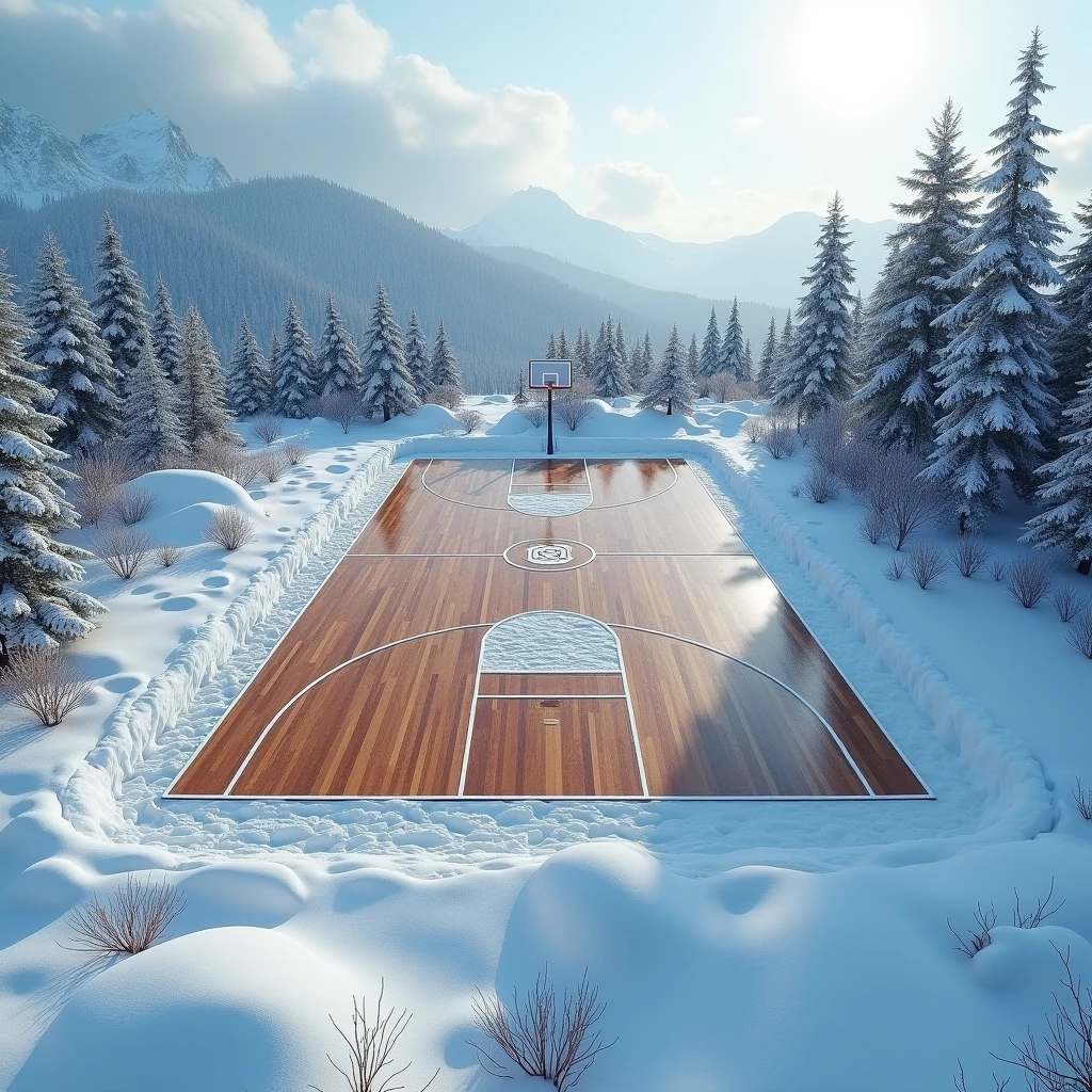 A basketball court at the North Pole with icy mountains in the background and trees all around. An NBA-style court with an official competition-size hardwood floor in the middle of a freezing region., the court appears to be unaffected by the freezing weather around it and as if it were well maintained, with the abpolar instagram logo in the center, High definition image, imagem top down.