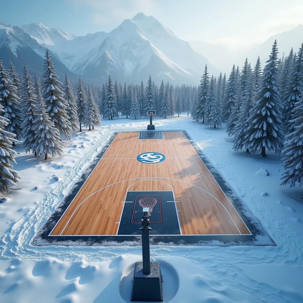 A basketball court at the North Pole with icy mountains in the background and trees all around. An NBA-style court with an official competition-size hardwood floor in the middle of a freezing region., the court appears to be unaffected by the freezing weather around it and as if it were well maintained, with the abpolar instagram logo in the center, High definition image, imagem top down.