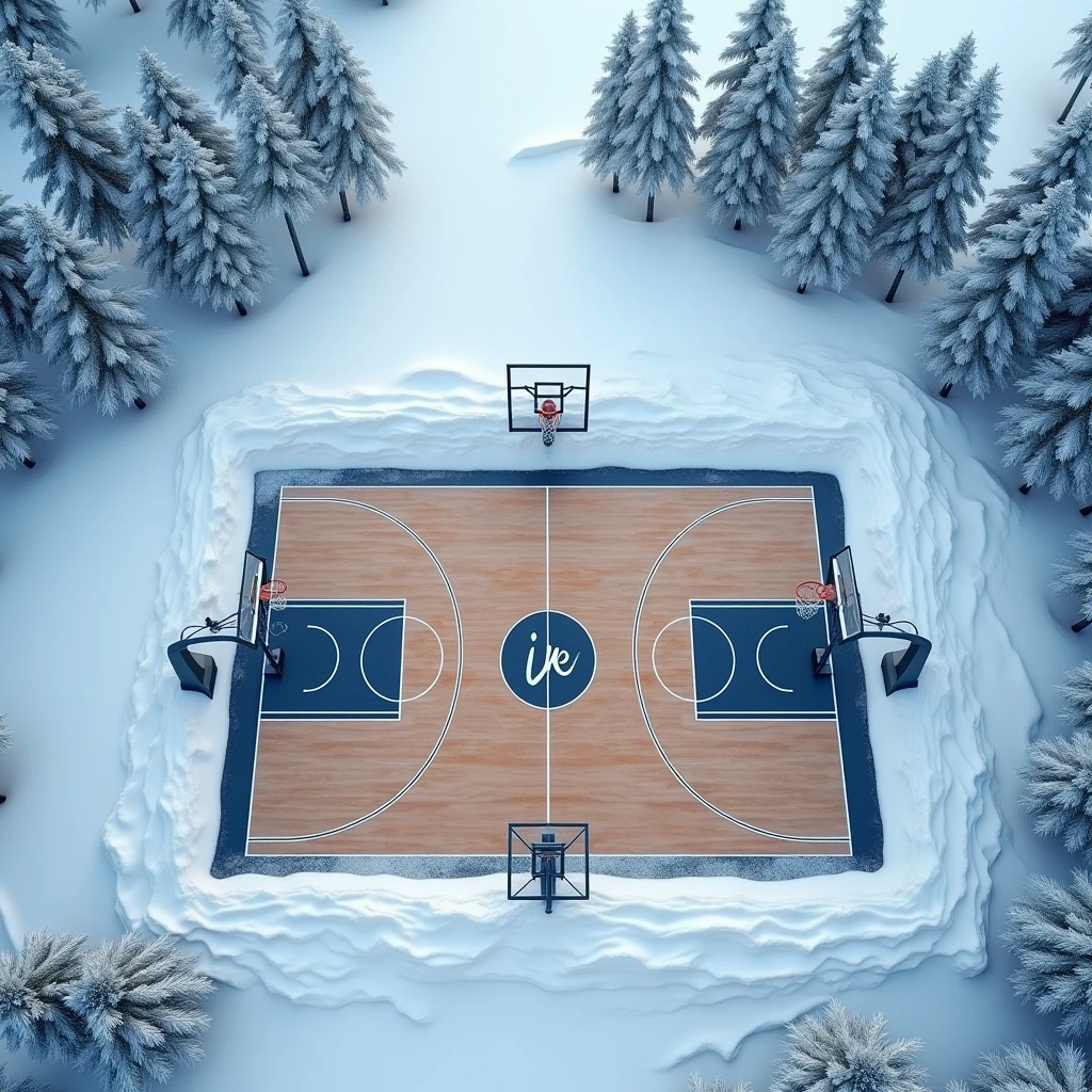 A basketball court at the North Pole with icy mountains in the background and trees all around. An NBA-style court with an official competition-size hardwood floor in the middle of a freezing region., the court appears to be unaffected by the freezing weather around it and as if it were well maintained, with the abpolar instagram logo in the center, High definition image, imagem top down.