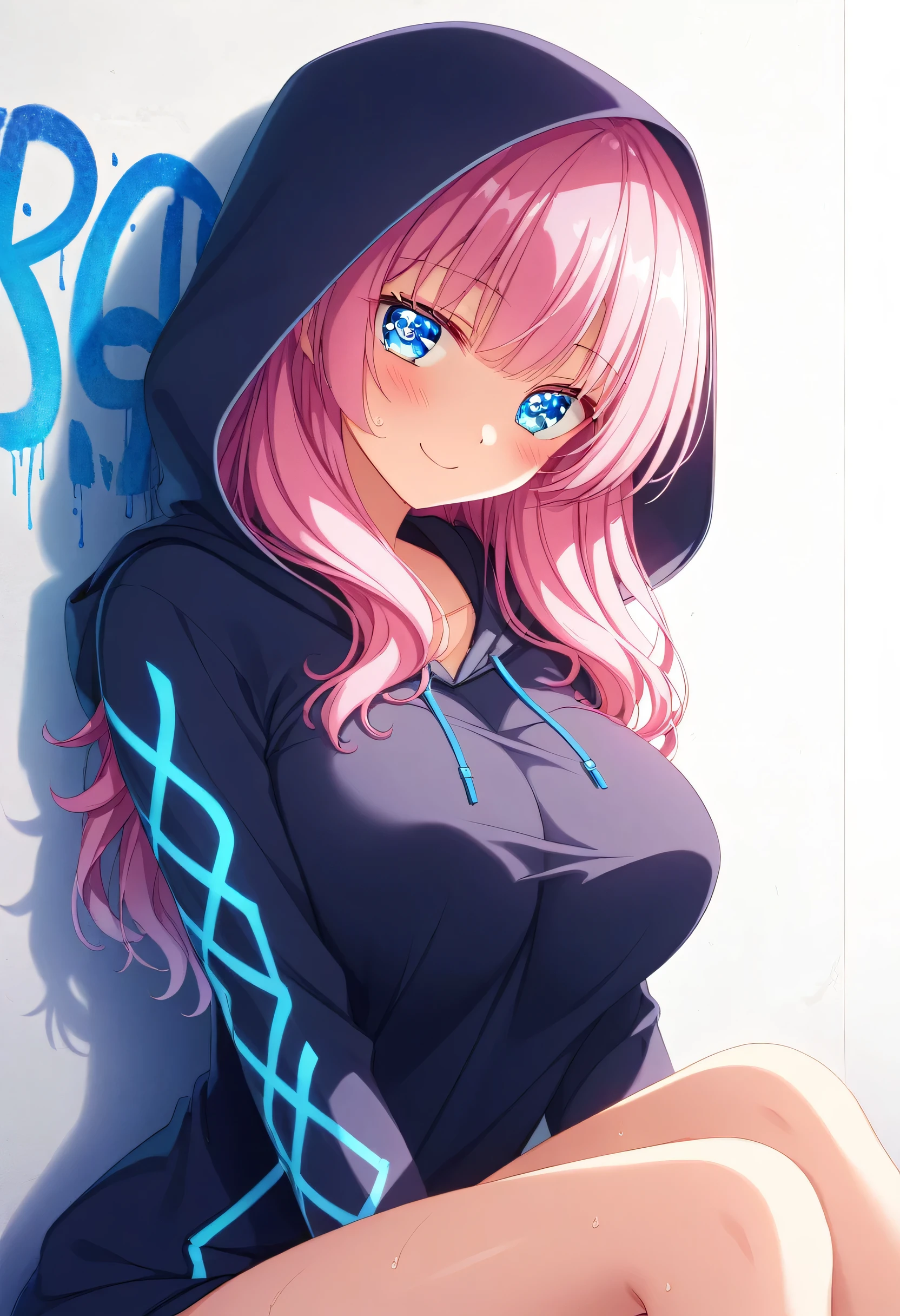 One Girl、Pink Hair、blue eyes、Twin tail hair、White Line Gradient Hair、Bangs are straight,Detailed Background, masterpiece,Small breasts、 Highest quality, smile, ornament, hoodie, Portraiture, Blue Neon, graffiti, dark, night, Glowing Eyes, ブラックライトのmasterpiece, Highest quality, One Girl,(((Beautiful pink ocean hair color)))、(Emerald blue eyes:1.5), , Yellow pubic hair growing in the eyes, (Large Breasts:1.2), break looking at viewer, break indoors, break (masterpiece:1.2), Highest quality,High resolution, unそれy 8k wallpaper, (shape:0.8), (Beautiful and beautiful eyes:1.6), Highly detailed face, Perfect lighting, Detailed CG, (Perfect hands, Perfect Anatomy)、Wistful face、Haa、Embarrassing expression(1:2)、Rough I breatheing、(((Legs wide open)))、(((White Background)))、White Background、Red face、blush、Embarrassing、Vtuber model,whole body、Sweat、I breathe、Life-size model、panic、panic、((whole body))、Perfect hands、Perfect hands