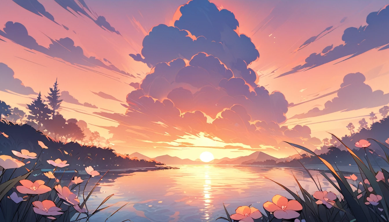 Digital illustration of a peaceful riverbank scene at sunset. Style: clean, modern illustration with a touch of whimsy. The foreground features delicate 'co may' flowers (Vietnamese fluffy grass) swaying in a gentle breeze. A calm river reflects warm sunset hues of orange and pink. Soft, dreamy lighting bathes the entire scene. Use a harmonious color palette emphasizing pastels and warm tones. Incorporate subtle textures and gradient effects for depth. The composition should evoke a sense of tranquility and nostalgia, focusing on the interplay between the fluffy grass flowers, water, and fading daylight. Optional: Include a simple silhouette or suggestion of a figure to add human element without being the main focus."