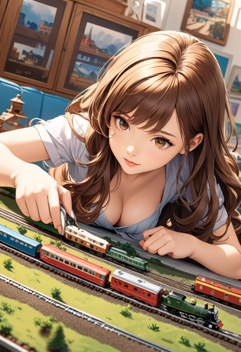detailed illustration, dynamic angle, ultra-detailed, illustration, 1girl, 18 year old, school girl, wavy brown hair, long hair, bright brown eyes, cleavage, medium breasts, playing with model trains