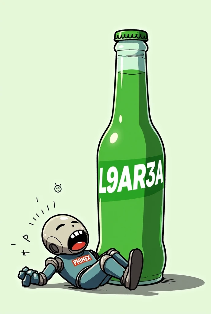 I want a picture of a green soda bottle named L9AR3A knocking out a robot named PHINEX with the name L9AR3A shown on the bottle and the PHINEX's emoji shown on the robot. I want the robot to be the loser in the picture. I want the robot PHINEX to be lying on the ground and the bottle L9AR3A defeated him with the name PHINEX shown on the robot.