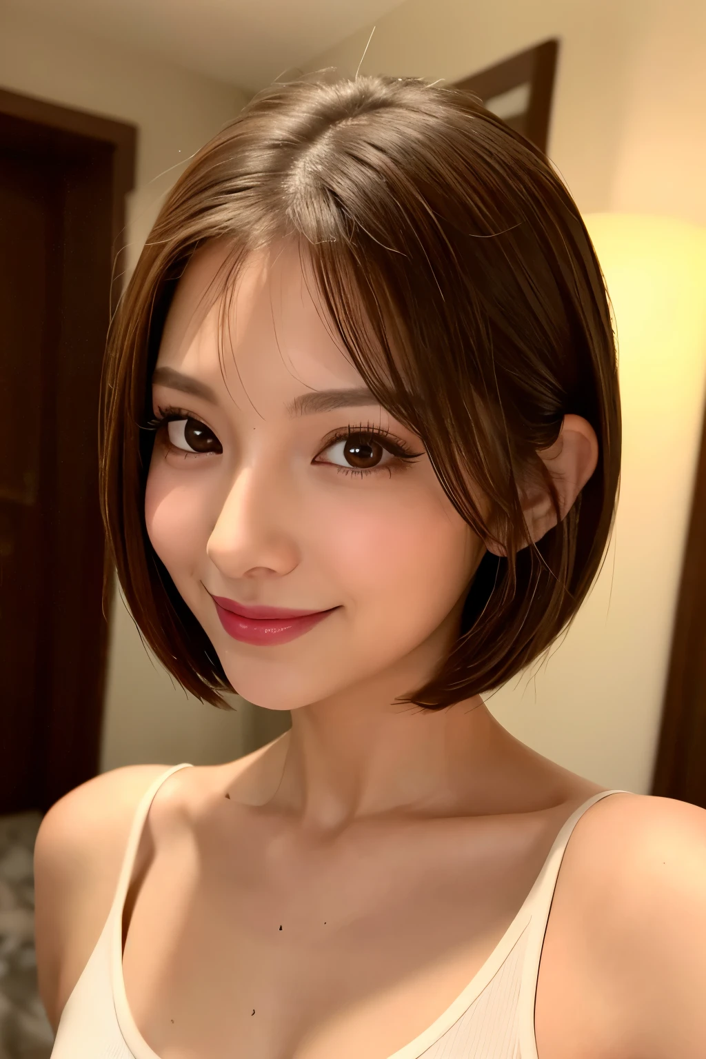 Highest quality, Tabletop, 8k, Best image quality, One Girl, Perfect V-neck see-through knit sweater, Waist to upper body shot, (look forward to), Red eyeshadow, Perfect Makeup, Long eyelashes, Ultra HD Shining Eyes, Ultra HD Hair, Ultra High Resolution Glossy Lips, ((Looking at the camera)), Ultra HD cute face, Brown Hair, Very short straight hair, Look at me and smile, clavicle, Accurate anatomy, Face close-up, Luxury Love Hotel, The most atmospheric and warm lighting, Blurred Background